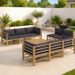 Modular 9 Piece Bamboo Lounge Set with Grey Cushions
