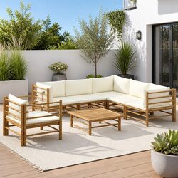 7-Piece Outdoor Bamboo Lounge Set with Cream Cushions