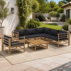 Bamboo Garden Lounge Set with Modular Design & Grey Cushions