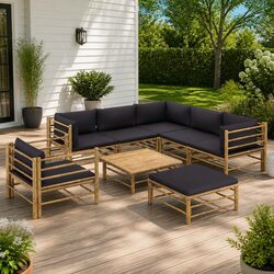 8-Piece Bamboo Outdoor Lounge Set with Grey Cushions