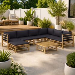 8-Piece Bamboo Garden Lounge Set with Grey Cushions