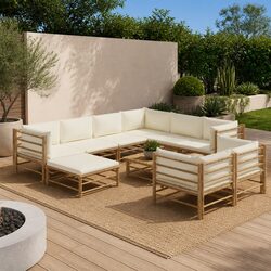 Durable Bamboo Garden Lounge Set with Cream White Cushions