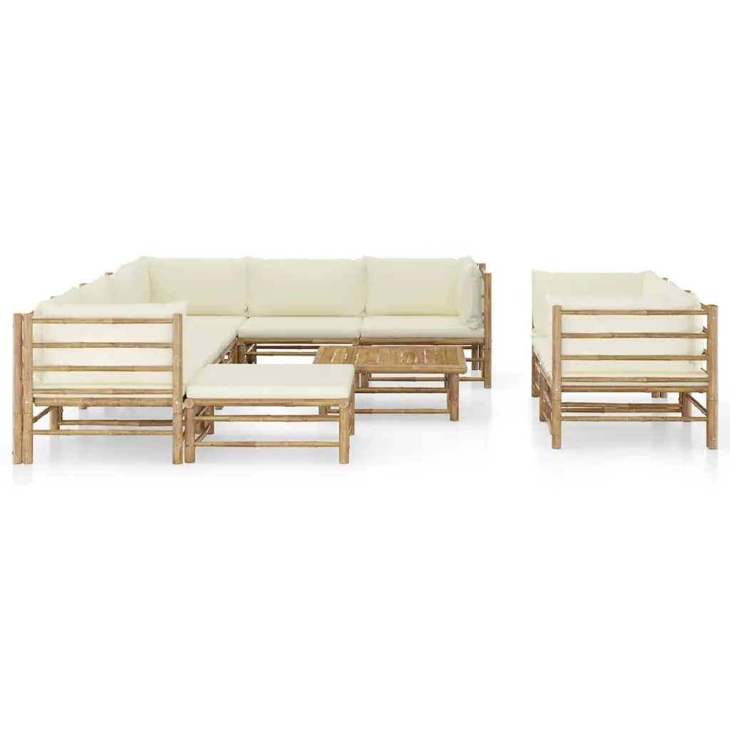 10 Piece Modular Outdoor Furniture Set Bamboo Lounge with Cream White Cushions