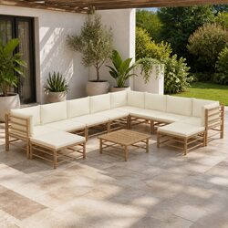 Durable 11 Piece Bamboo Garden Lounge Set with Cream Cushions