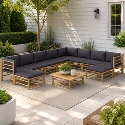 Sturdy 11 Piece Bamboo Lounge Set with Comfortable Grey Cushions
