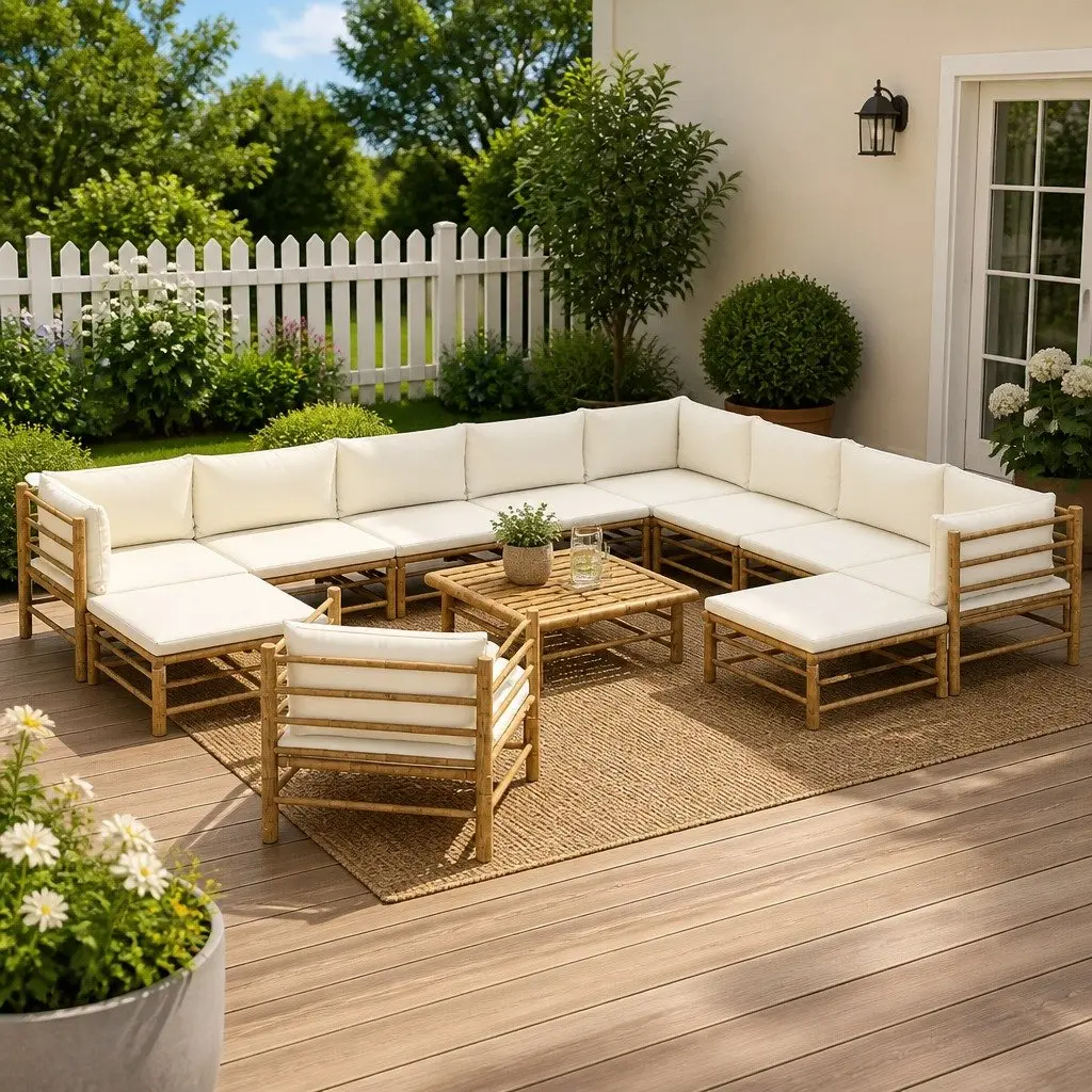 Garden Lounge Set Bamboo 12 Piece Modular Outdoor Furniture Cream Cushions