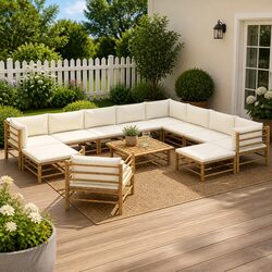 Bamboo 12-Piece Modular Garden Lounge Set with Cream Cushions