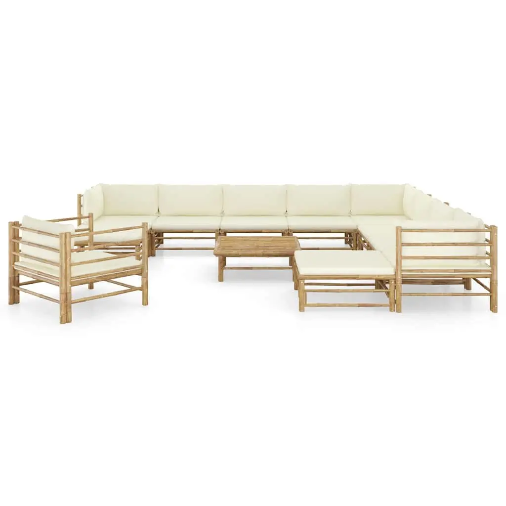 Garden Lounge Set Bamboo 12 Piece Modular Outdoor Furniture Cream Cushions