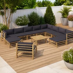 12-Piece Modular Bamboo Garden Lounge Set with Grey Cushions