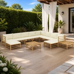 12-Piece Bamboo Garden Lounge Set with Cream Cushions