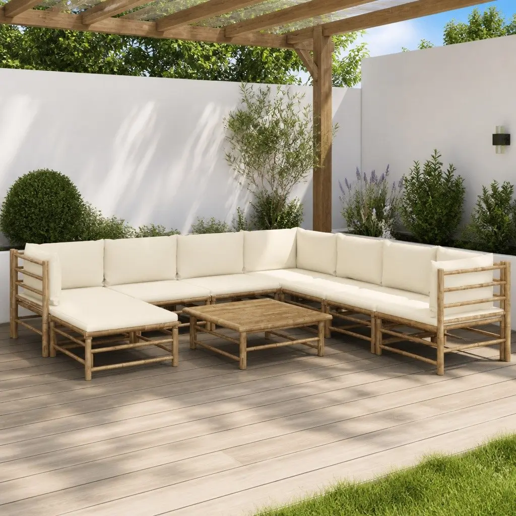 Garden Lounge Set Bamboo Modular 9 Piece Outdoor Furniture White Cushions