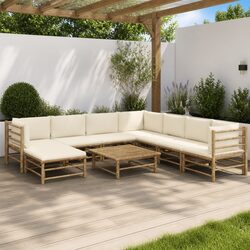 9-Piece Bamboo Outdoor Lounge Set with White Cushions