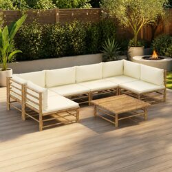 Sturdy 7 Piece Bamboo Garden Lounge Set with Cream Cushions