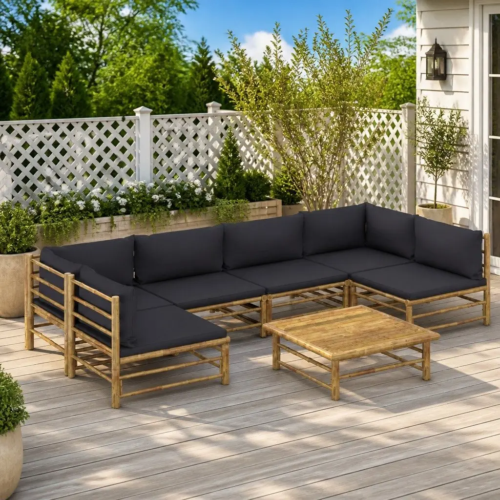 Garden Lounge Set Bamboo 7 Piece Modular Outdoor Furniture Dark Grey