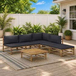 6-Piece Bamboo Outdoor Lounge Set with Grey Cushions