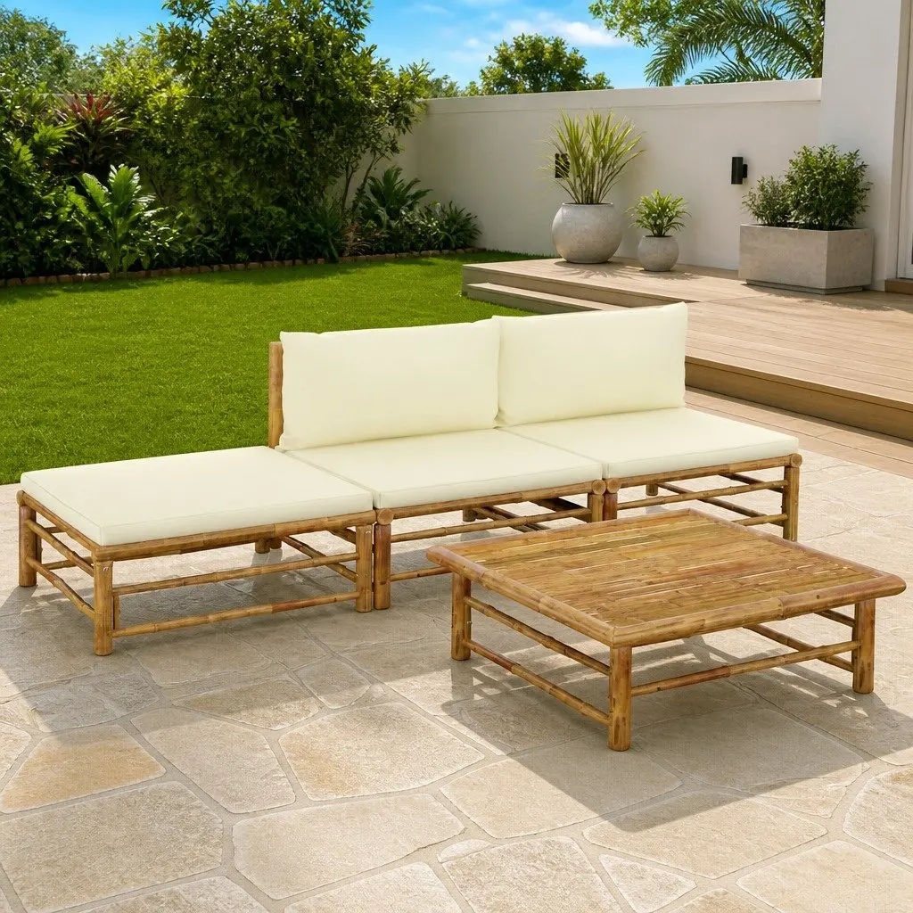 4-Piece Modular Bamboo Garden Lounge Set with Cushions
