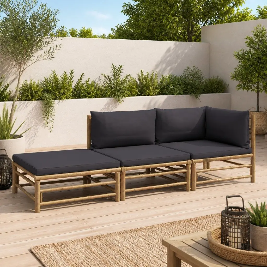 Bamboo Lounge Set 3 Piece Outdoor Furniture Modular Grey Cushions