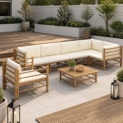 Modular 7 Piece Bamboo Garden Lounge Set with Cream Cushions