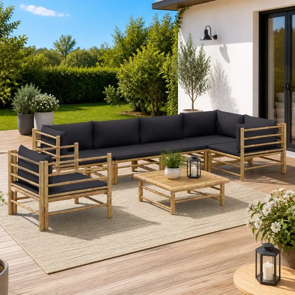 Bamboo Garden Lounge Set 7 Piece Modular Outdoor Furniture Grey Cushions