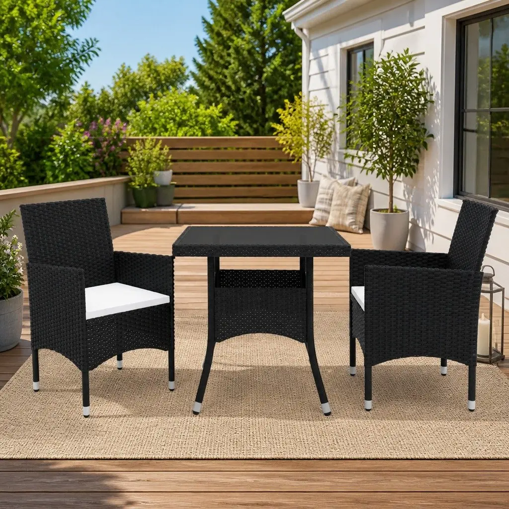 Black Poly Rattan 3 Piece Garden Dining Set