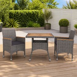 Outdoor Dining Set 3 Piece Grey Rattan Garden Table Chairs with Cushions