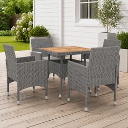 5-Piece Outdoor Dining Set with Grey PE Rattan and Acacia Wood