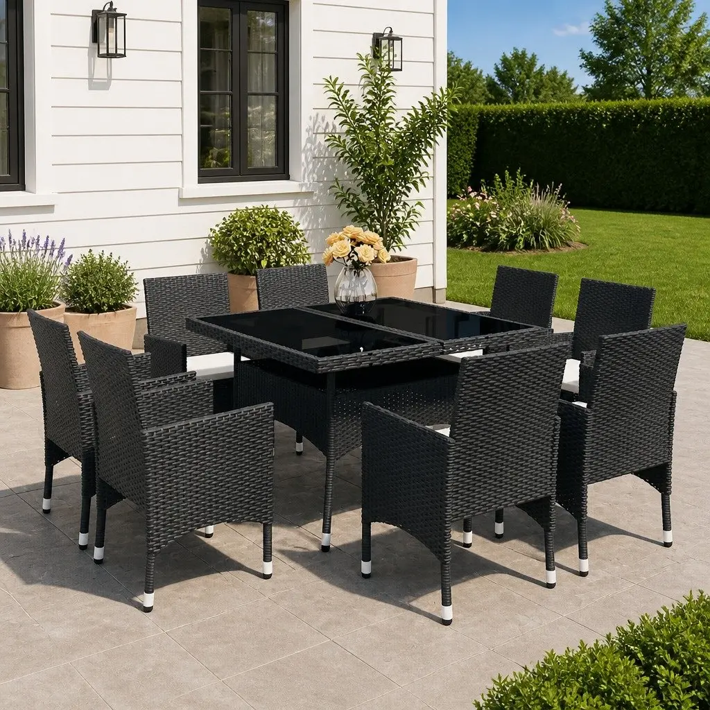 9 Piece Outdoor Dining Set with Glass Top