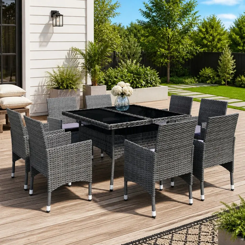 9-Piece Outdoor Dining Set with Glass Table & Cushions