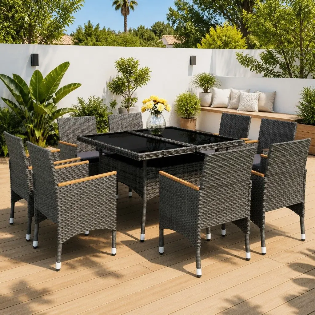9 Piece Outdoor Dining Set PE Rattan Acacia Wood Grey