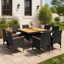 Durable 9-Piece Outdoor Dining Set in Black Rattan and Wood