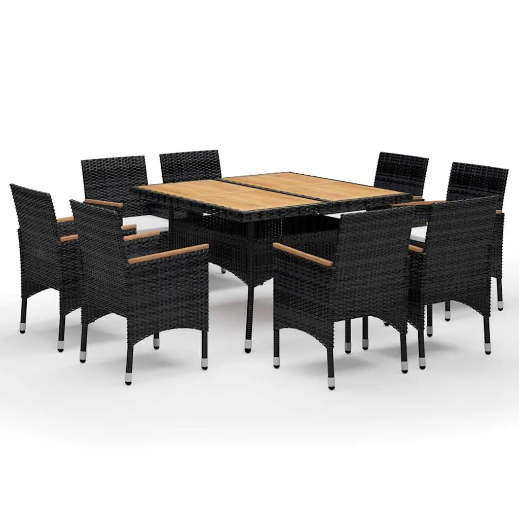 9-Piece Outdoor Dining Set in Black Rattan and Wood