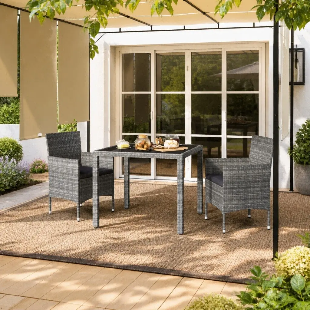 3 Piece Grey Outdoor Dining Set with Glass Tabletop
