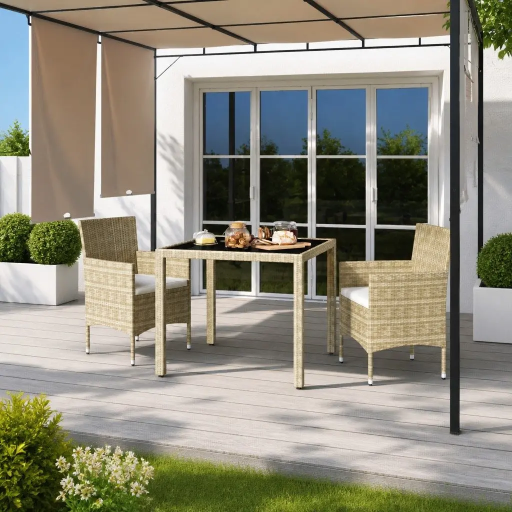 Garden Dining Set 3 Piece Outdoor Furniture Poly Rattan Tempered Glass Beige
