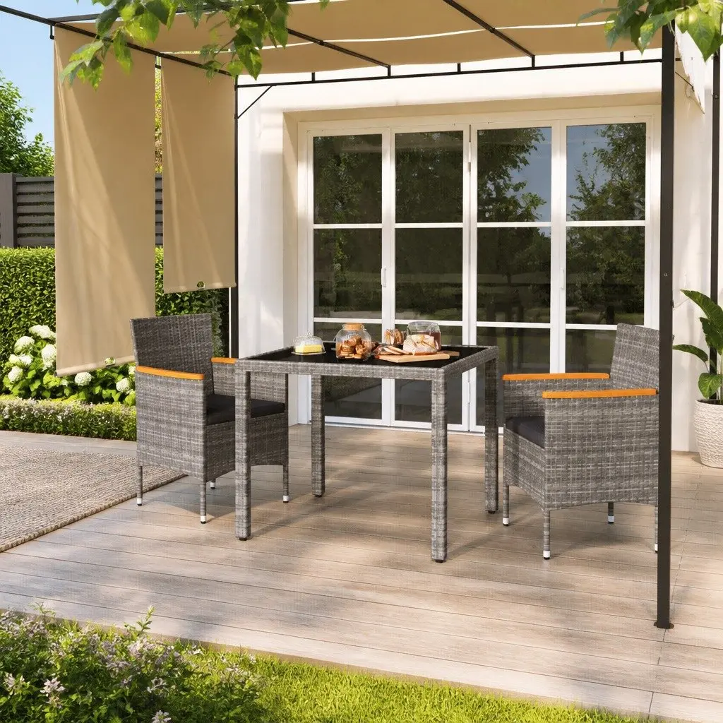 3 Piece Garden Dining Set Steel Frame PE Rattan Tempered Glass Grey