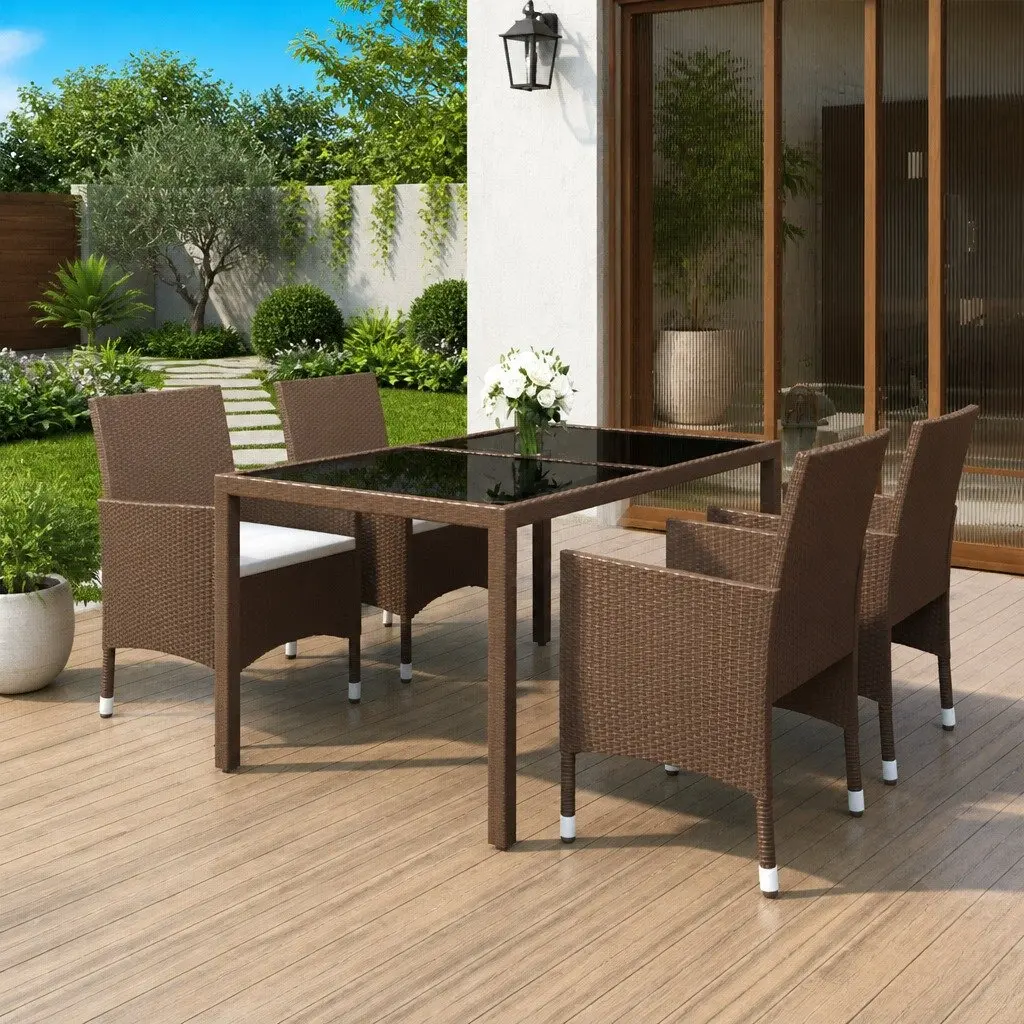 5 Piece Garden Dining Set PE Rattan Tempered Glass Table Brown