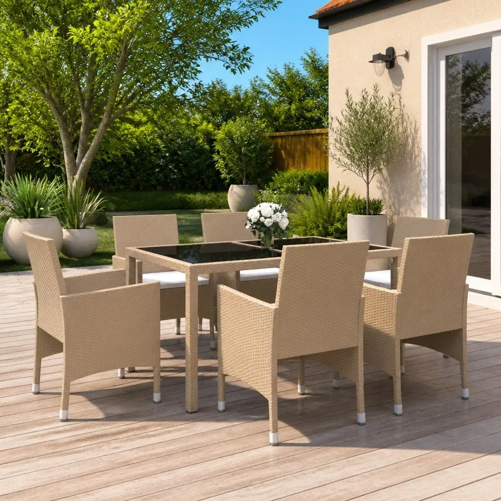 7 Piece Garden Dining Set Poly Rattan Tempered Glass Beige