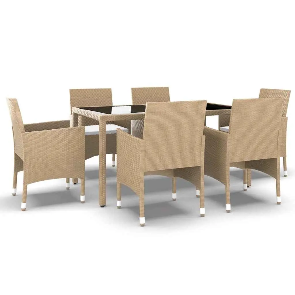 7 Piece Garden Dining Set Poly Rattan Tempered Glass Beige