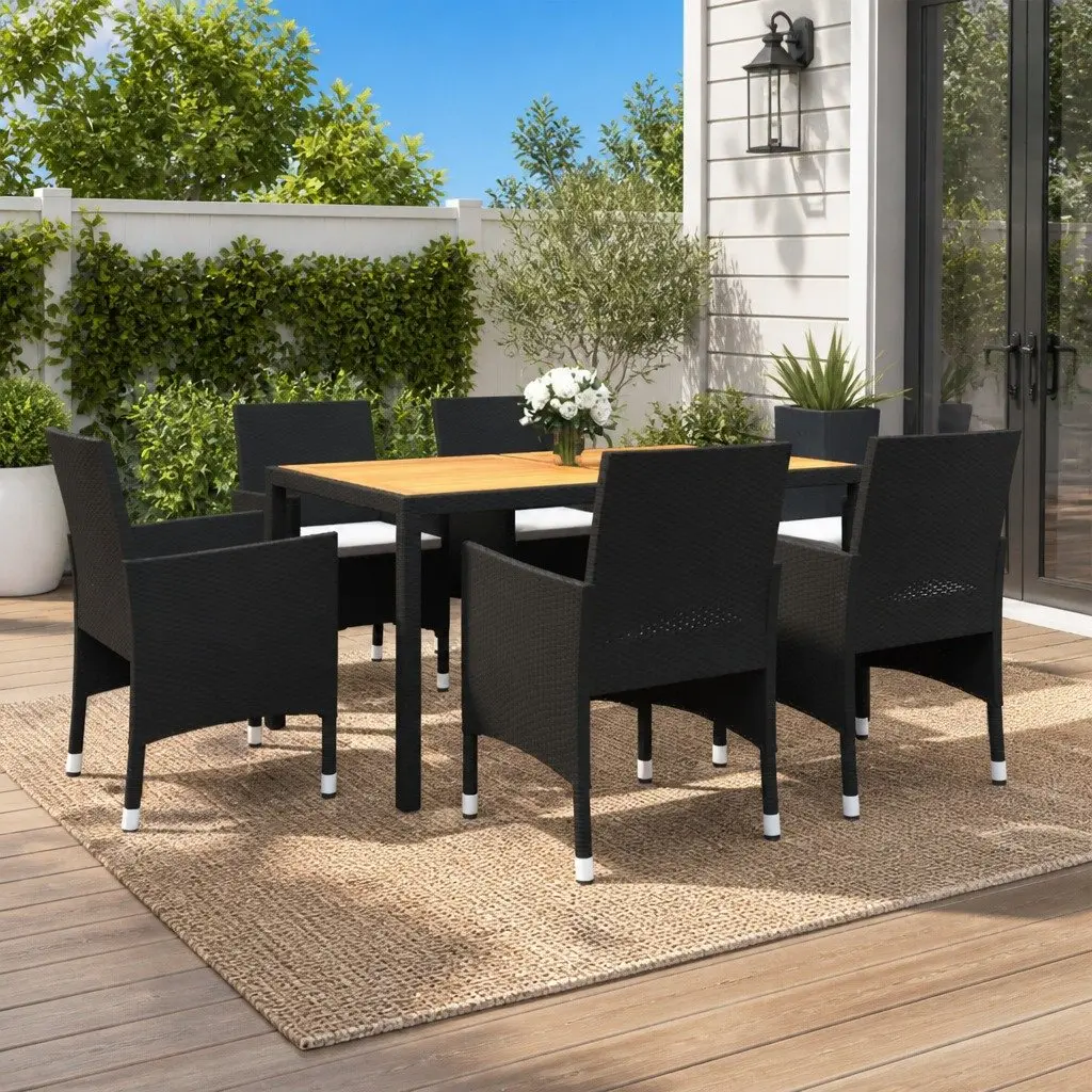 7 Piece Garden Dining Set Steel Frame PE Rattan Acacia Wood Table Black