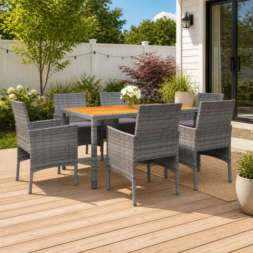 7 Piece Garden Dining Set with Grey Rattan