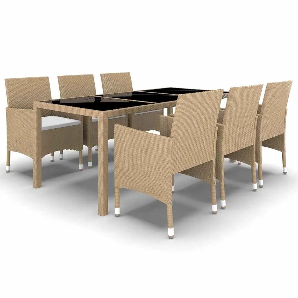 7 Piece Outdoor Garden Dining Set Poly Rattan Tempered Glass Table Chairs Beige