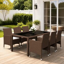 7 Piece Brown Garden Dining Set with Tempered Glass