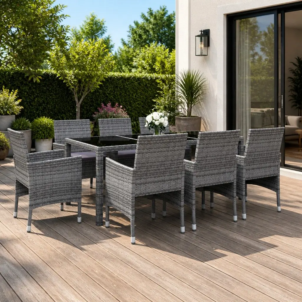 Garden Dining Set Rattan Powder-coated Steel 9 Piece Grey
