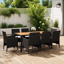 9-Piece Black Garden Dining Set with Cushions