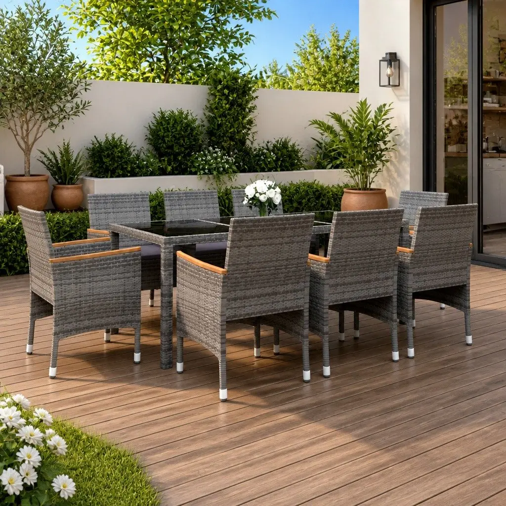 9 Piece Grey Poly Rattan Garden Dining Set