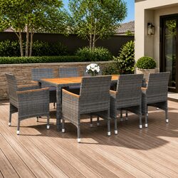 Grey Poly Rattan 9-Piece Garden Dining Set with Steel Frame