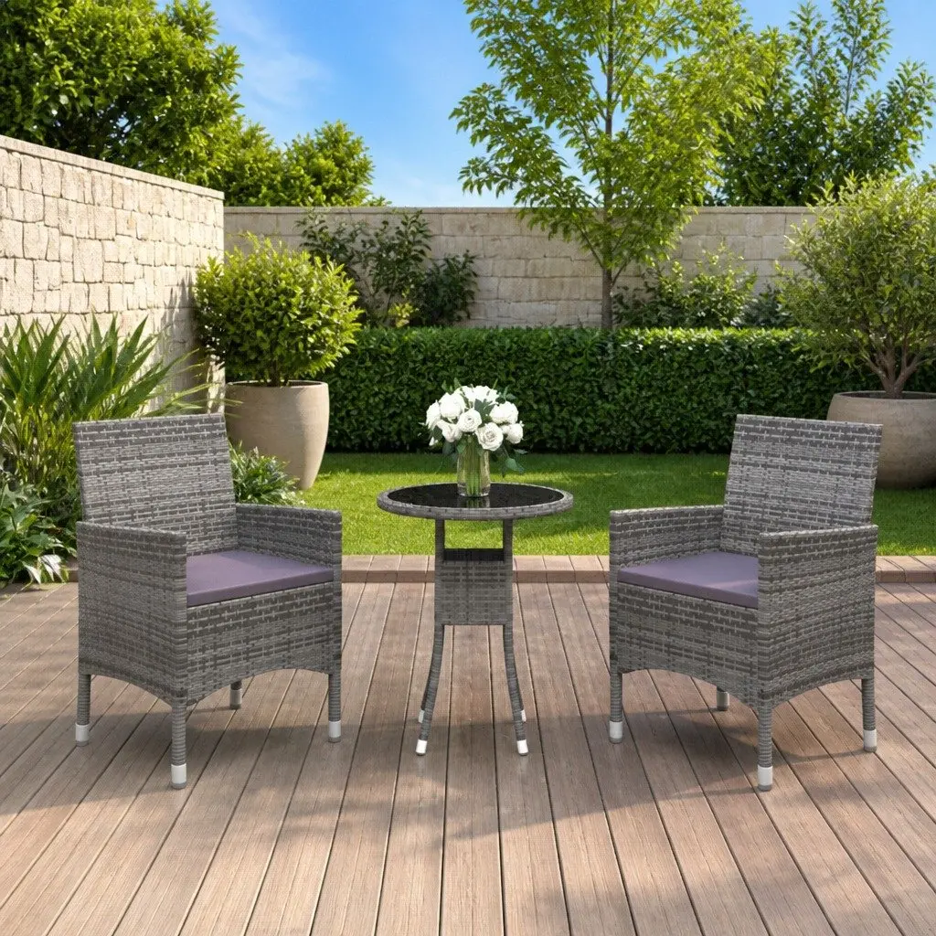 3 Piece Grey Garden Dining Set with Cushions