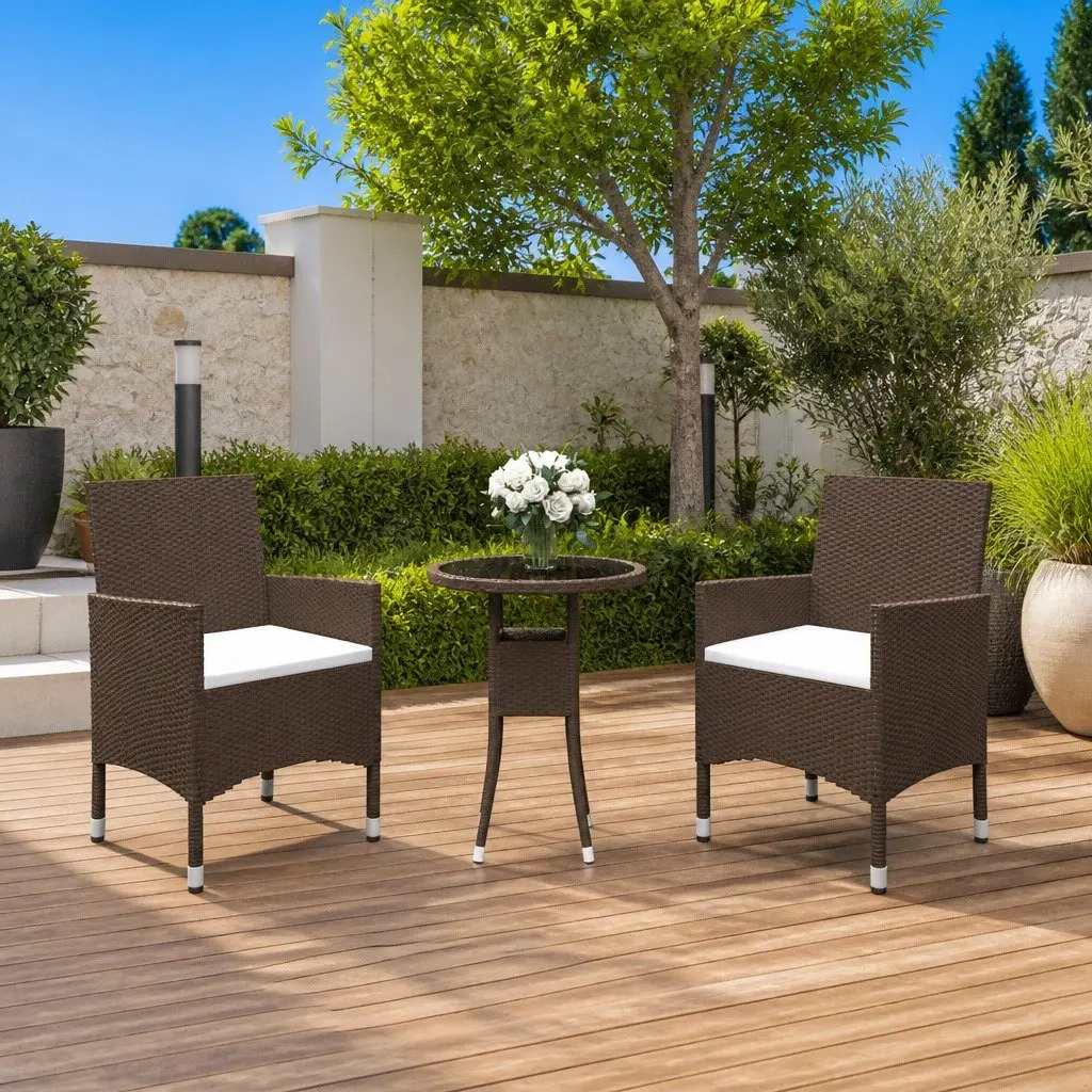 Garden Dining Set PE Rattan Powder-coated Steel 3 Piece Brown Outdoor Patio Furniture