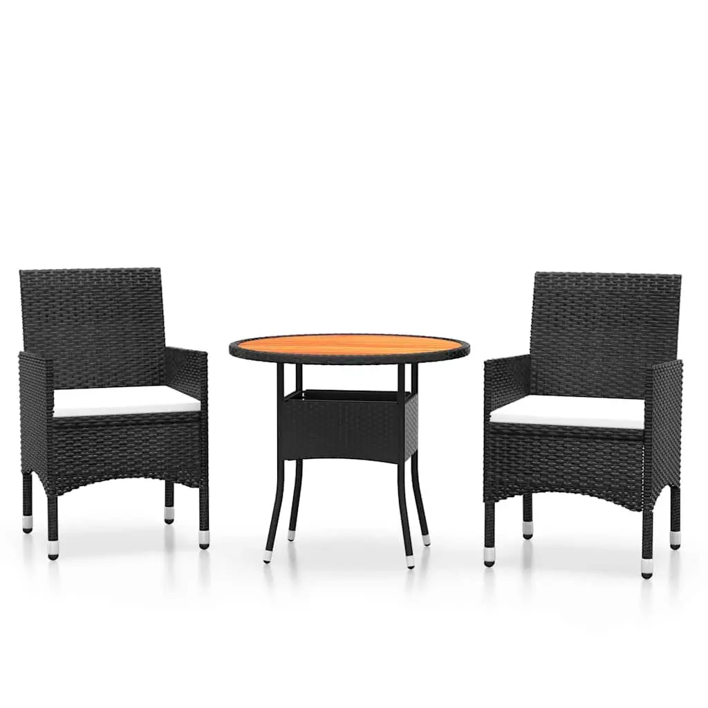 Garden Dining Set Poly Rattan Steel Frame Solid Acacia Wood 3 Piece Black