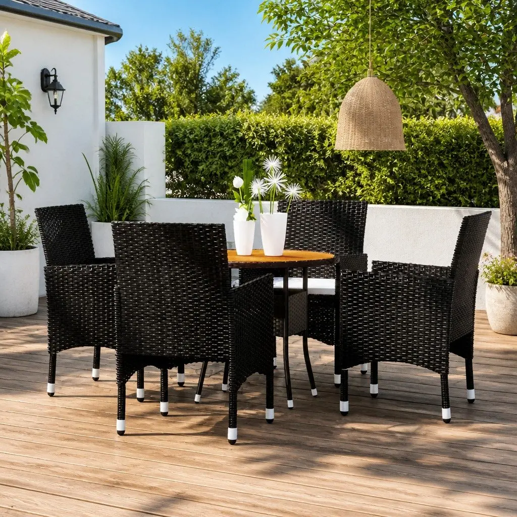 Garden Dining Set Poly Rattan Steel Frame Acacia Wood Table Black 5 Piece