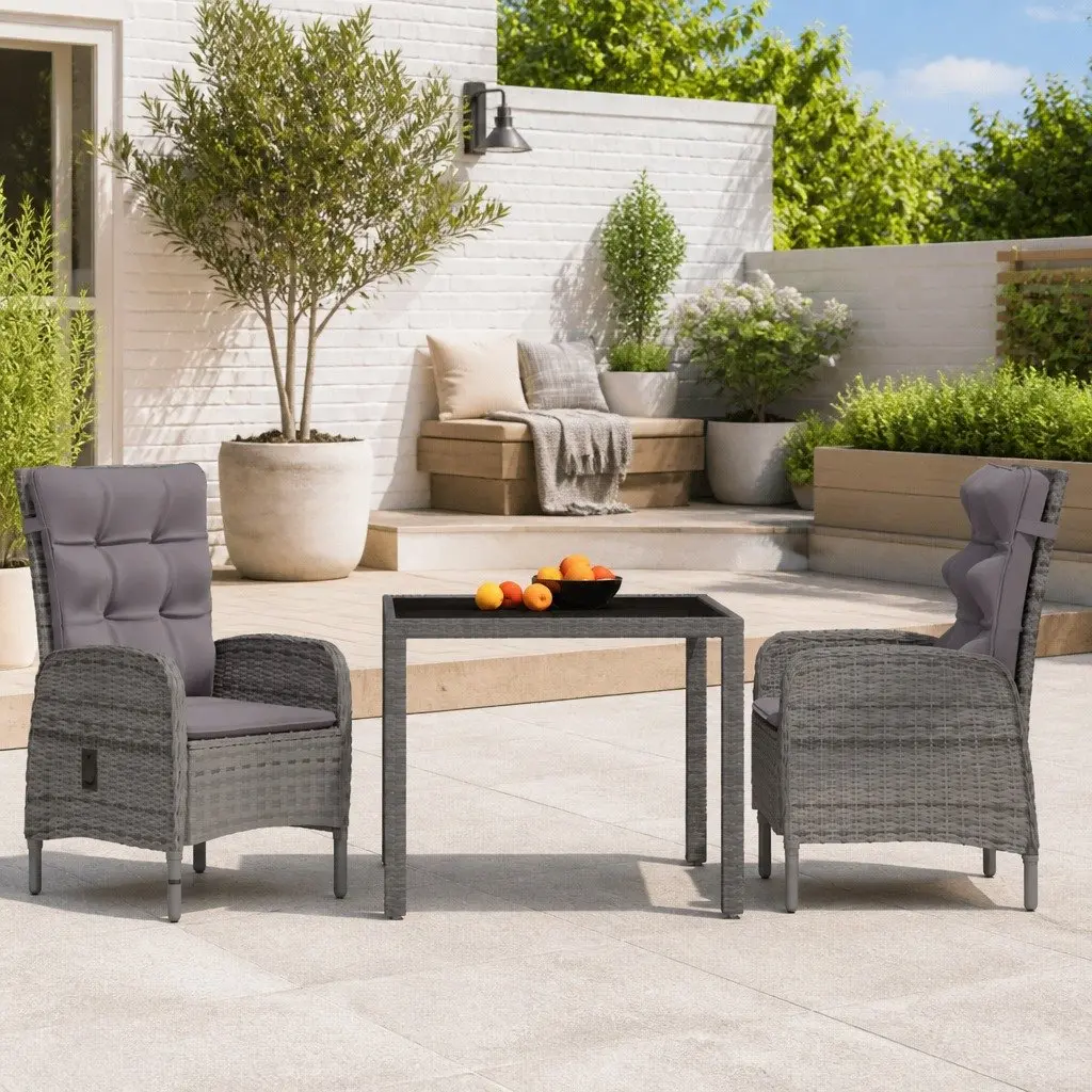 3 Piece Garden Dining Set Steel PE Rattan Grey Outdoor Patio Furniture